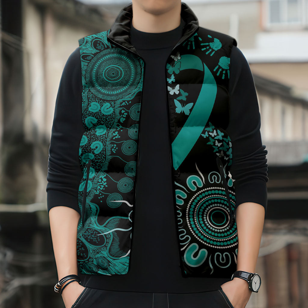 Australia Ovarian Cancer Support Personalised Sleeveless Puffer Jacket Aboriginal Ribbon Dot Painting