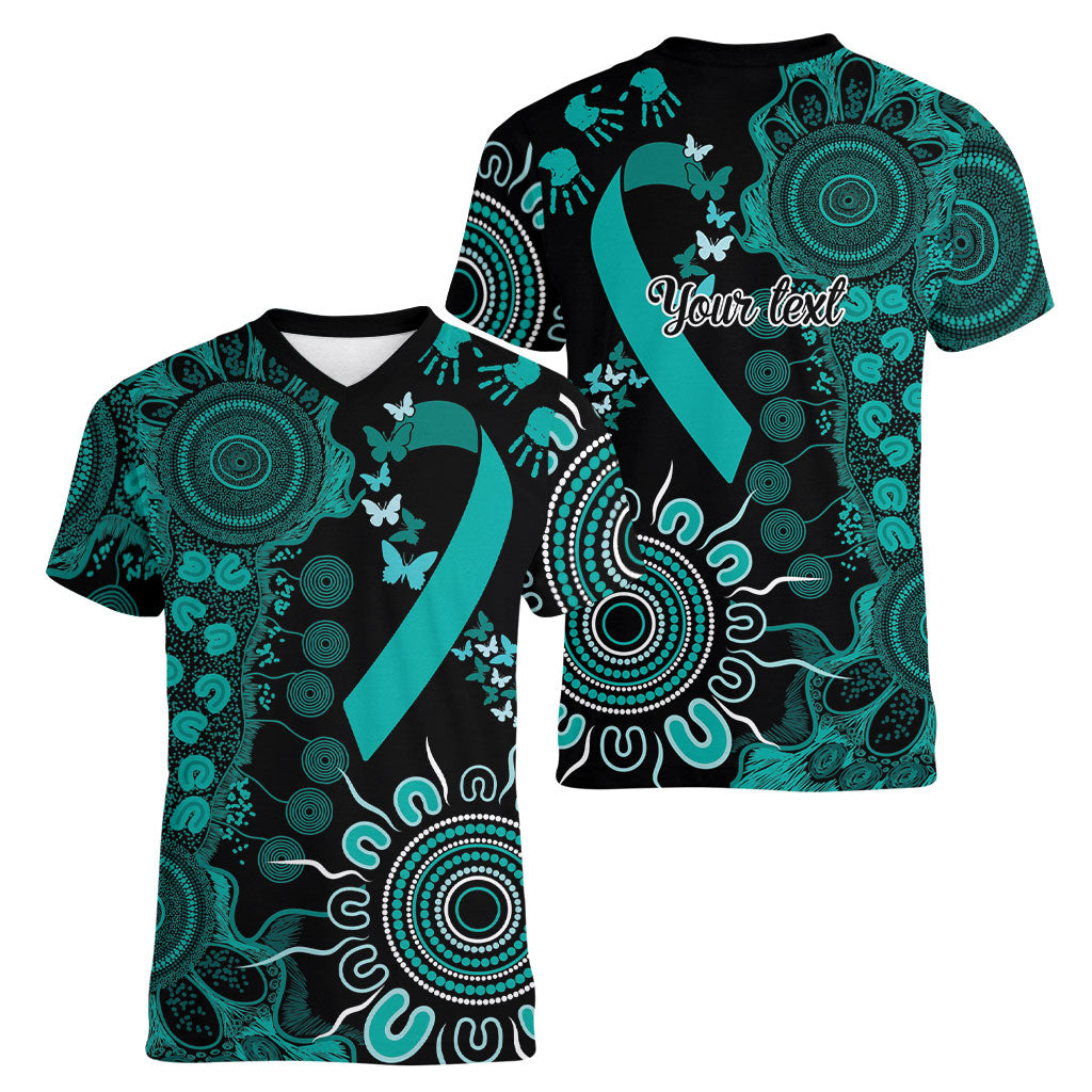 Australia Ovarian Cancer Support Personalised Women V-Neck T-Shirt Aboriginal Ribbon Dot Painting