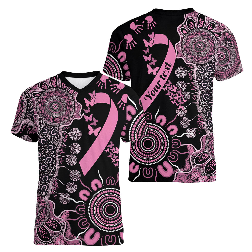 Personalised Aboriginal Pink Ribbons Women V-Neck T-Shirt Beautiful Butterflies Breast Cancer Support