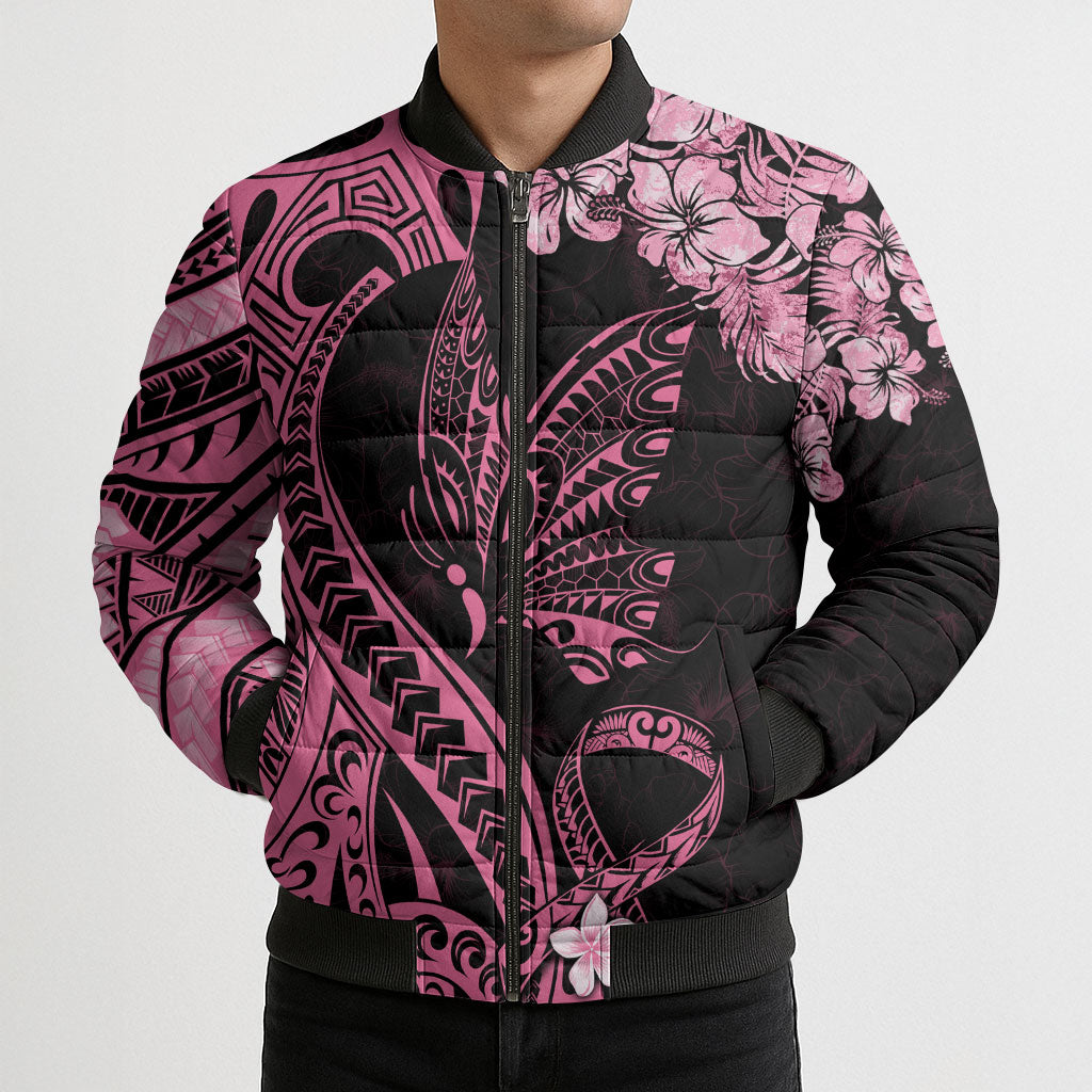Polynesian Floral Butterfly Bomber Puffer Jacket Breast Cancer Support Pink Ribbon