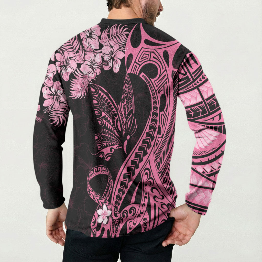 Polynesian Floral Butterfly Button Sweatshirt Breast Cancer Support Pink Ribbon