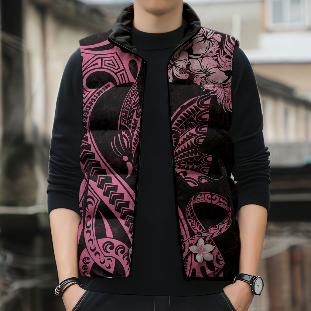 Polynesian Floral Butterfly Sleeveless Puffer Jacket Breast Cancer Support Pink Ribbon