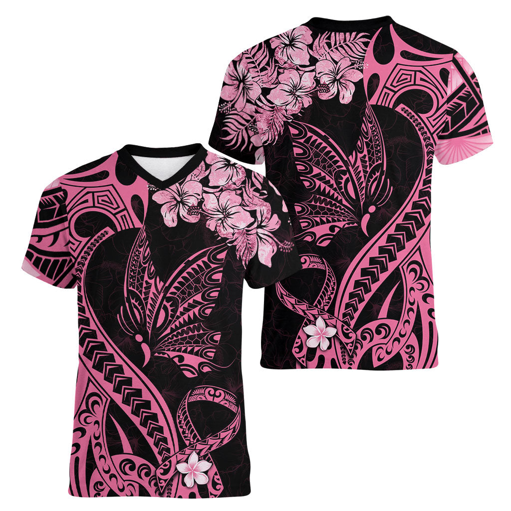 Polynesian Floral Butterfly Women V-Neck T-Shirt Breast Cancer Support Pink Ribbon