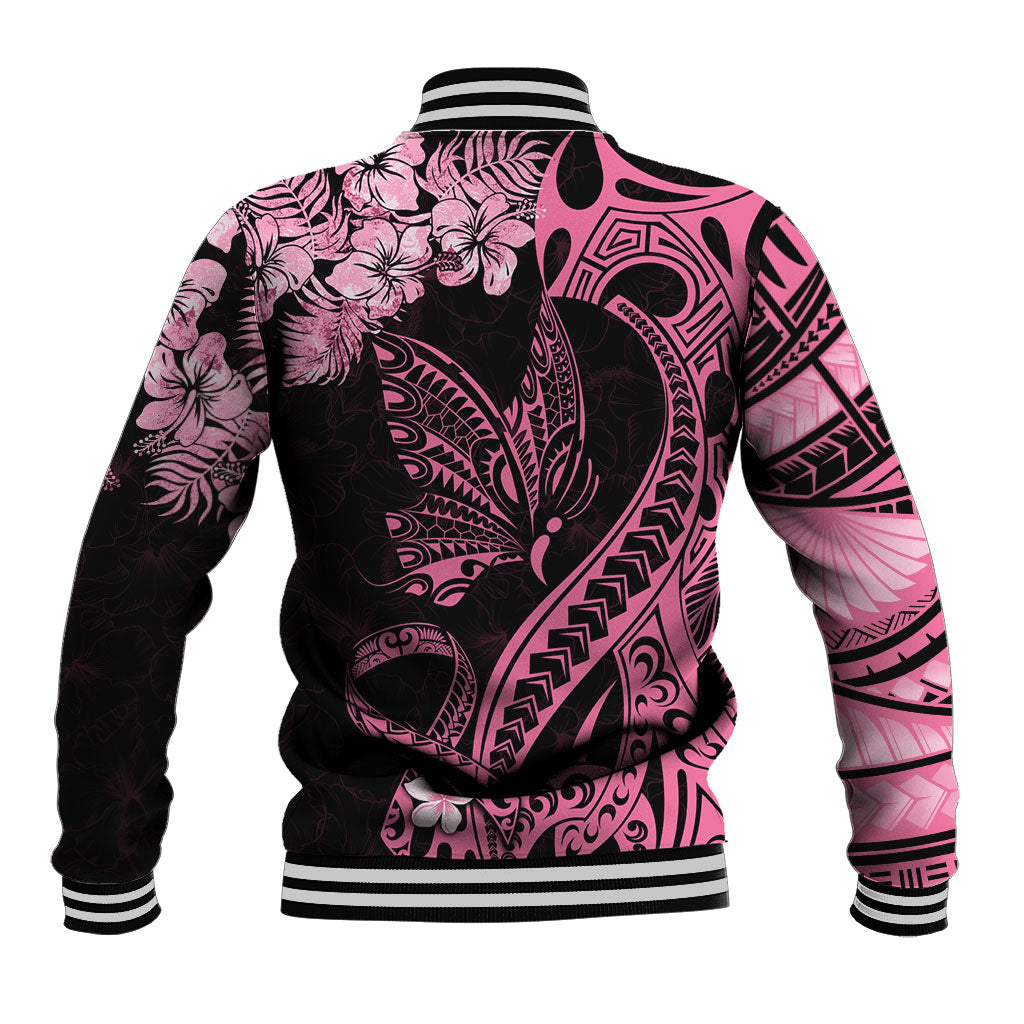 Personalised Polynesian Floral Butterfly Baseball Jacket Breast Cancer Support Pink Ribbon