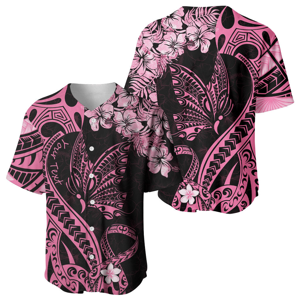 Personalised Polynesian Floral Butterfly Baseball Jersey Breast Cancer Support Pink Ribbon