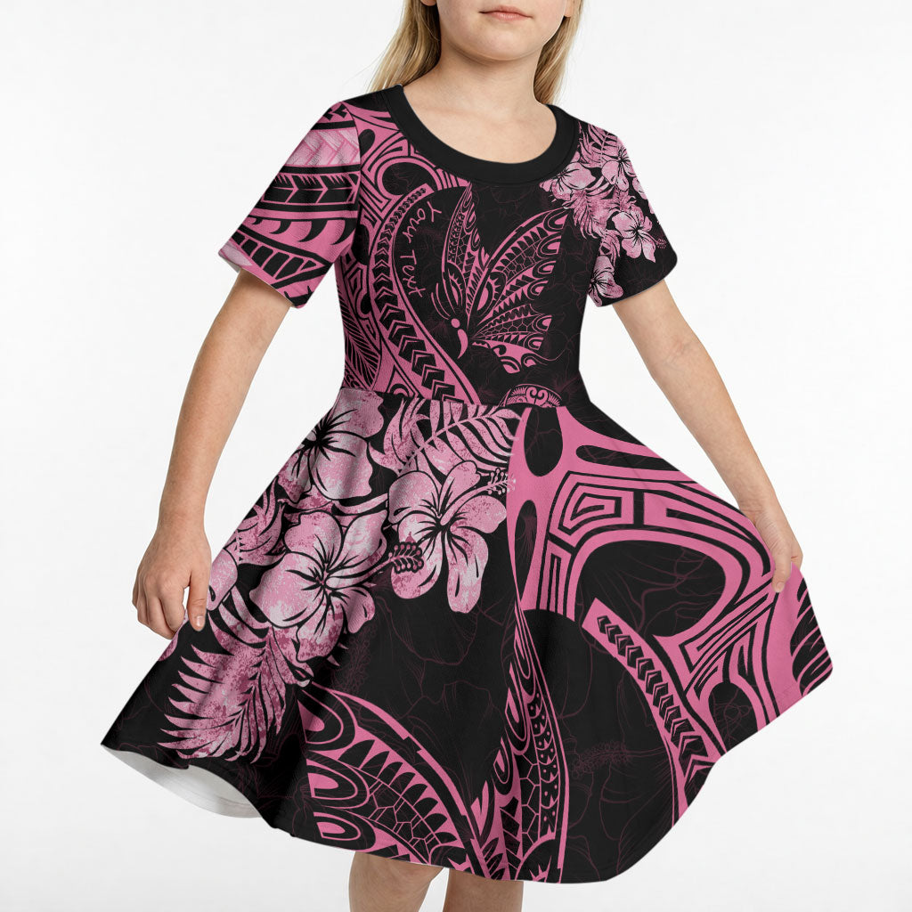 Personalised Polynesian Floral Butterfly Kid Short Sleeve Dress Breast Cancer Support Pink Ribbon