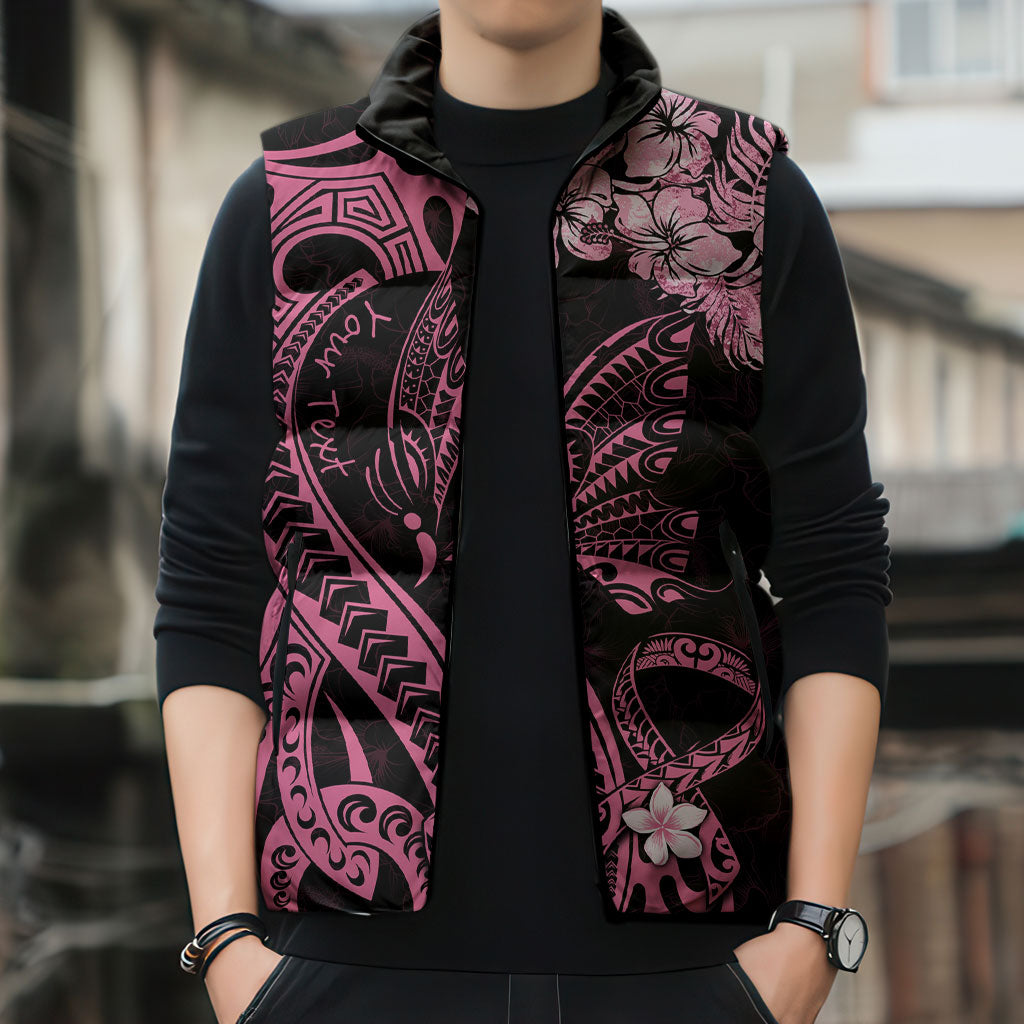 Personalised Polynesian Floral Butterfly Sleeveless Puffer Jacket Breast Cancer Support Pink Ribbon
