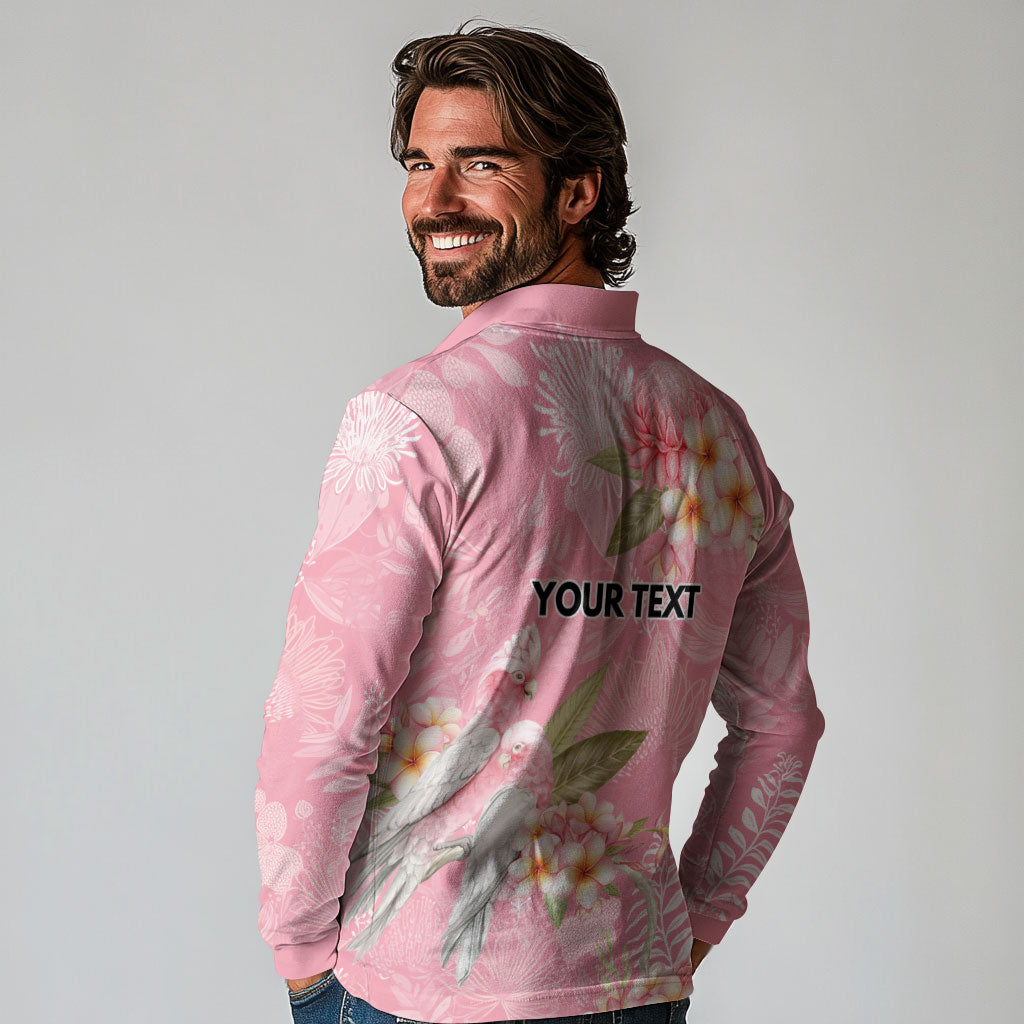 Personalised Galah Cockatoo Fighting in Pink Long Sleeve Polo Shirt Australian Breast Cancer Support Spirit