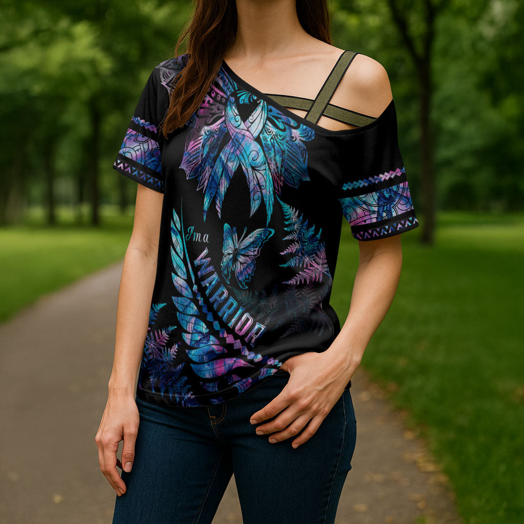 Polynesia Ribbon Butterflies Cross Shoulder Shirt Silver Fern Breast Cancer Support With Papua Shell Pattern