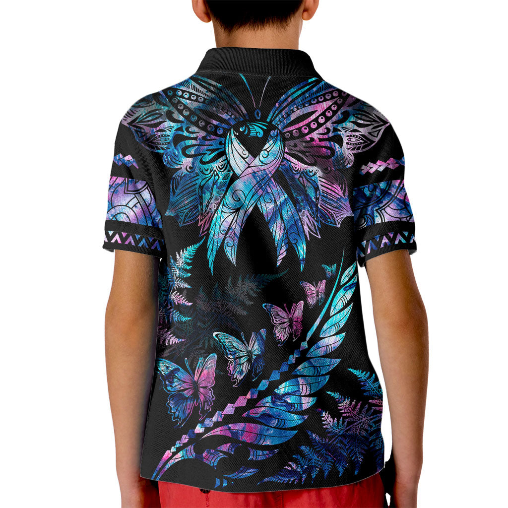 Polynesia Ribbon Butterflies Kid Polo Shirt Silver Fern Breast Cancer Support With Papua Shell Pattern