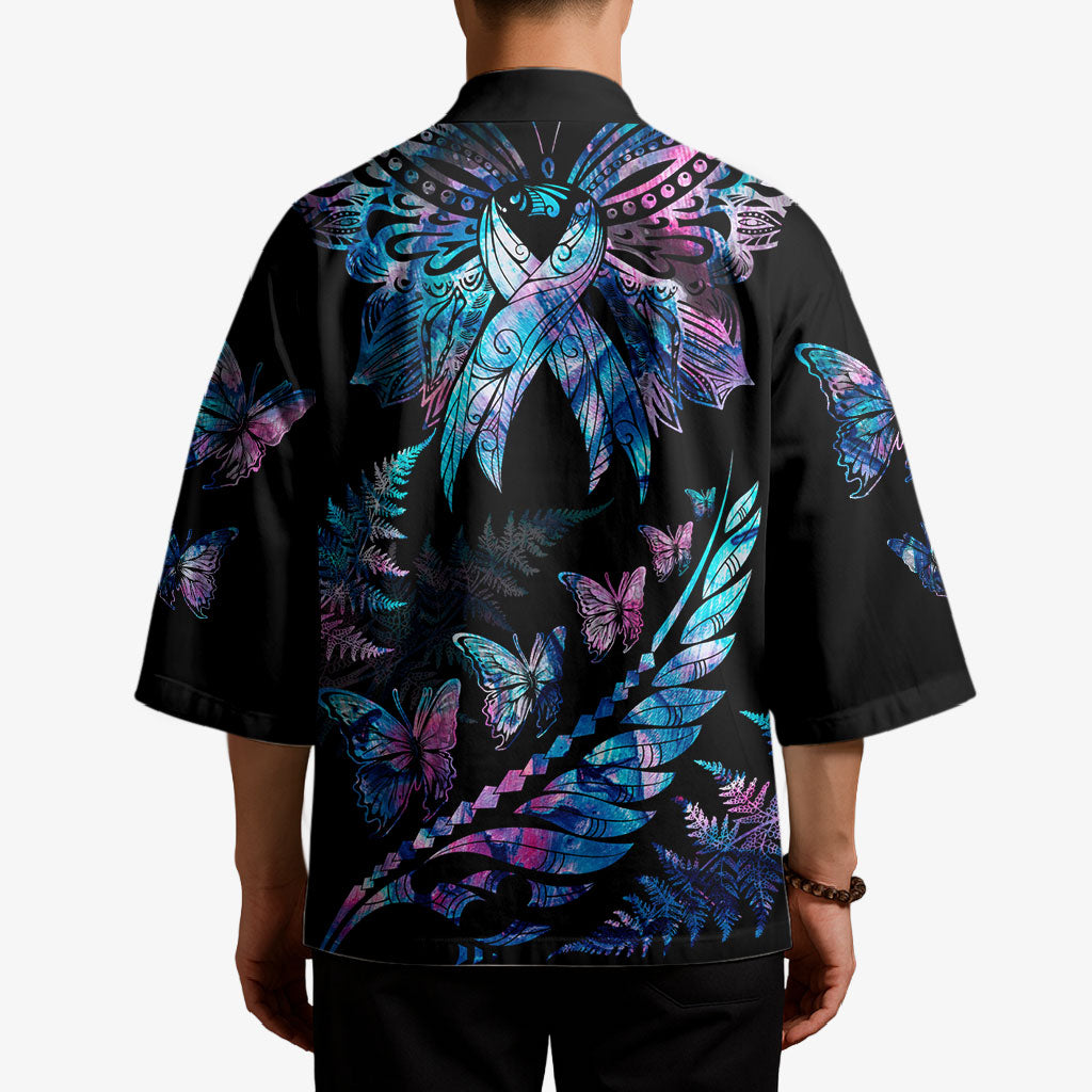 Polynesia Ribbon Butterflies Kimono Silver Fern Breast Cancer Support With Papua Shell Pattern