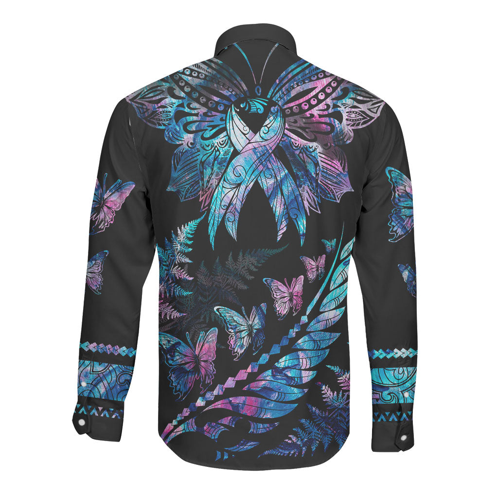 Polynesia Ribbon Butterflies Long Sleeve Button Shirt Silver Fern Breast Cancer Support With Papua Shell Pattern