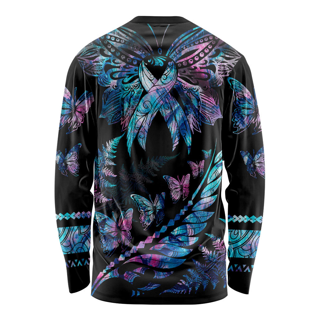 Polynesia Ribbon Butterflies Long Sleeve Shirt Silver Fern Breast Cancer Support With Papua Shell Pattern