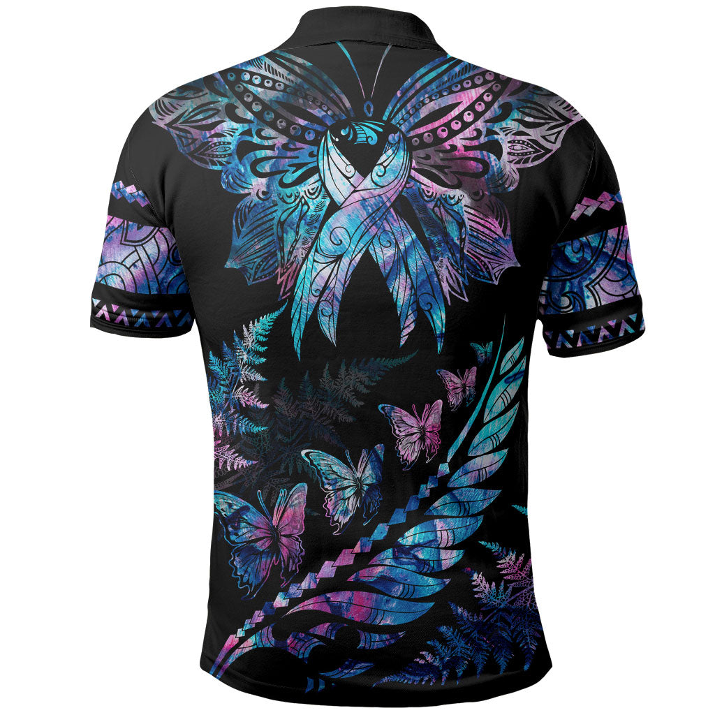 Polynesia Ribbon Butterflies Polo Shirt Silver Fern Breast Cancer Support With Papua Shell Pattern