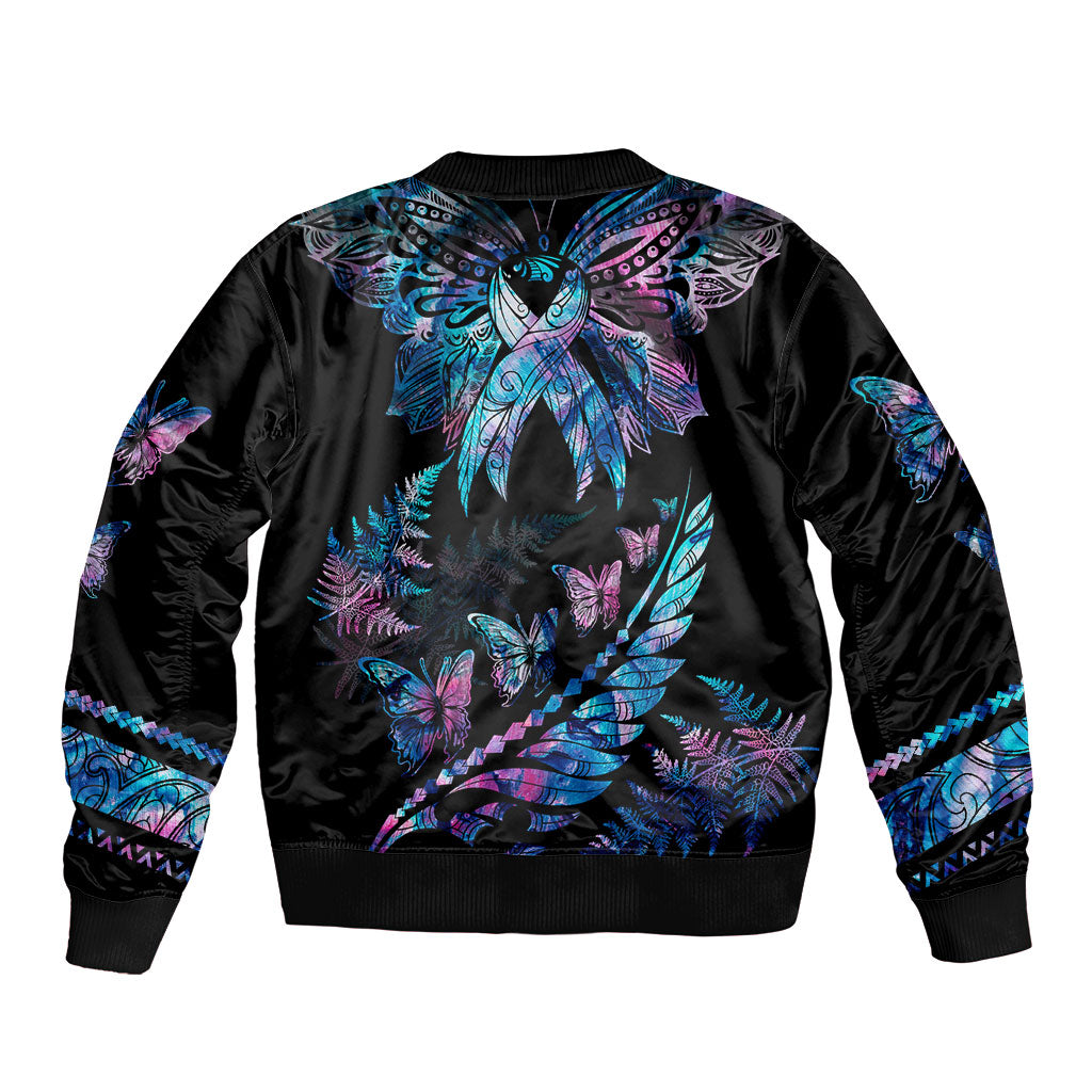 Polynesia Ribbon Butterflies Sleeve Zip Bomber Jacket Silver Fern Breast Cancer Support With Papua Shell Pattern
