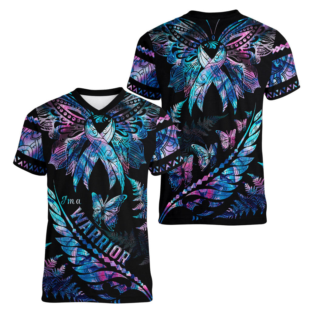 Polynesia Ribbon Butterflies Women V-Neck T-Shirt Silver Fern Breast Cancer Support With Papua Shell Pattern