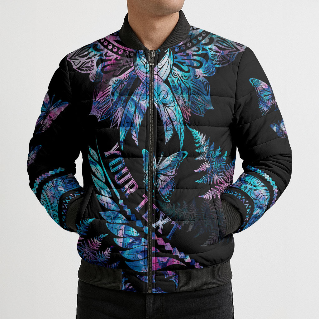 Personalised Polynesia Ribbon Butterflies Bomber Puffer Jacket Silver Fern Breast Cancer Support With Papua Shell Pattern