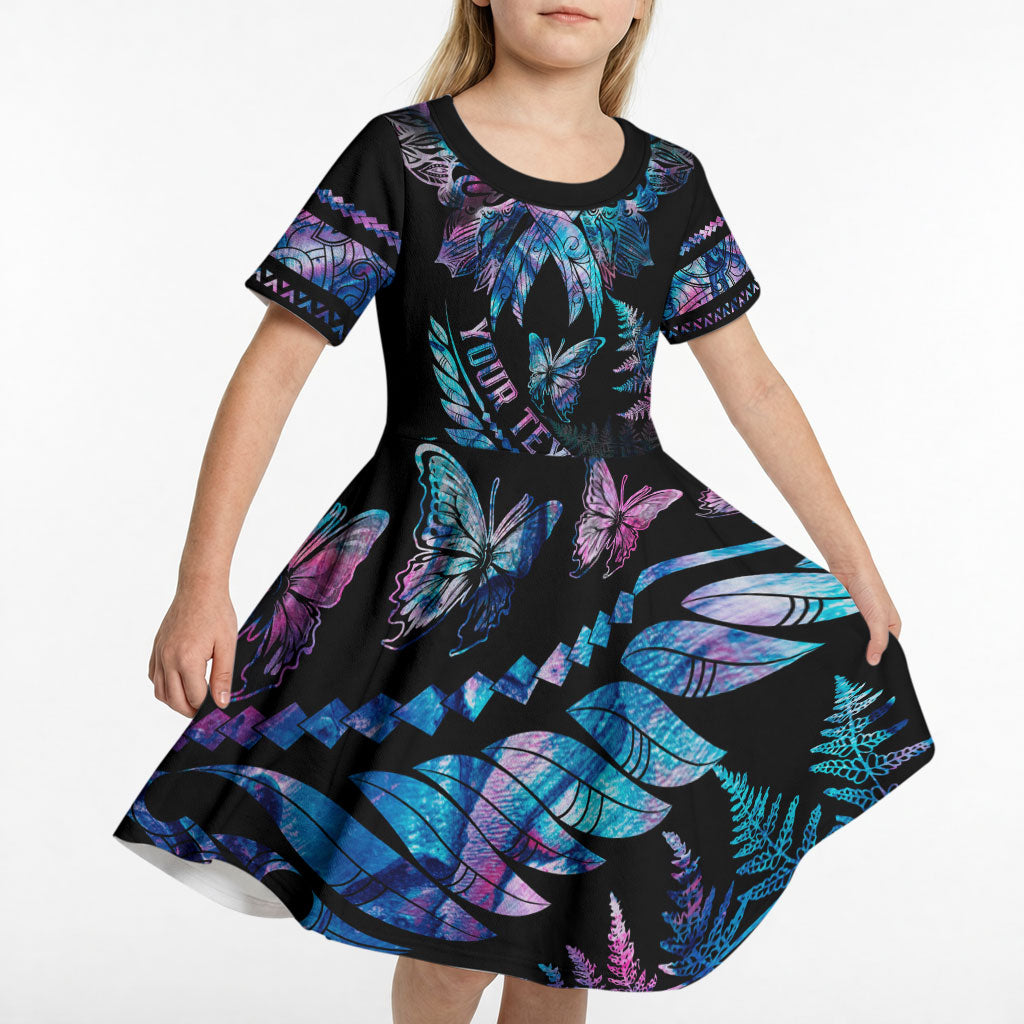 Personalised Polynesia Ribbon Butterflies Kid Short Sleeve Dress Silver Fern Breast Cancer Support With Papua Shell Pattern
