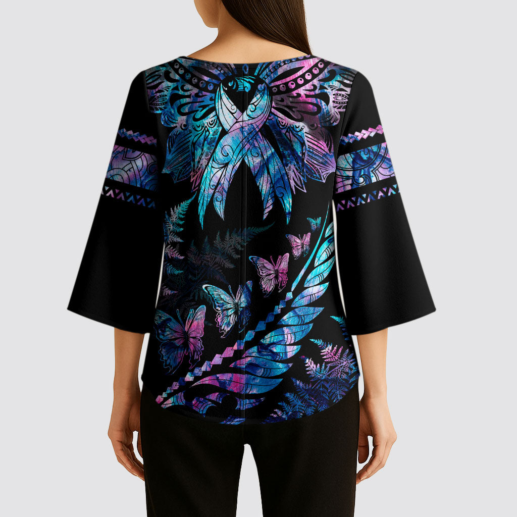 Personalised Polynesia Ribbon Butterflies Kimono Sleeve Blouse Silver Fern Breast Cancer Support With Papua Shell Pattern