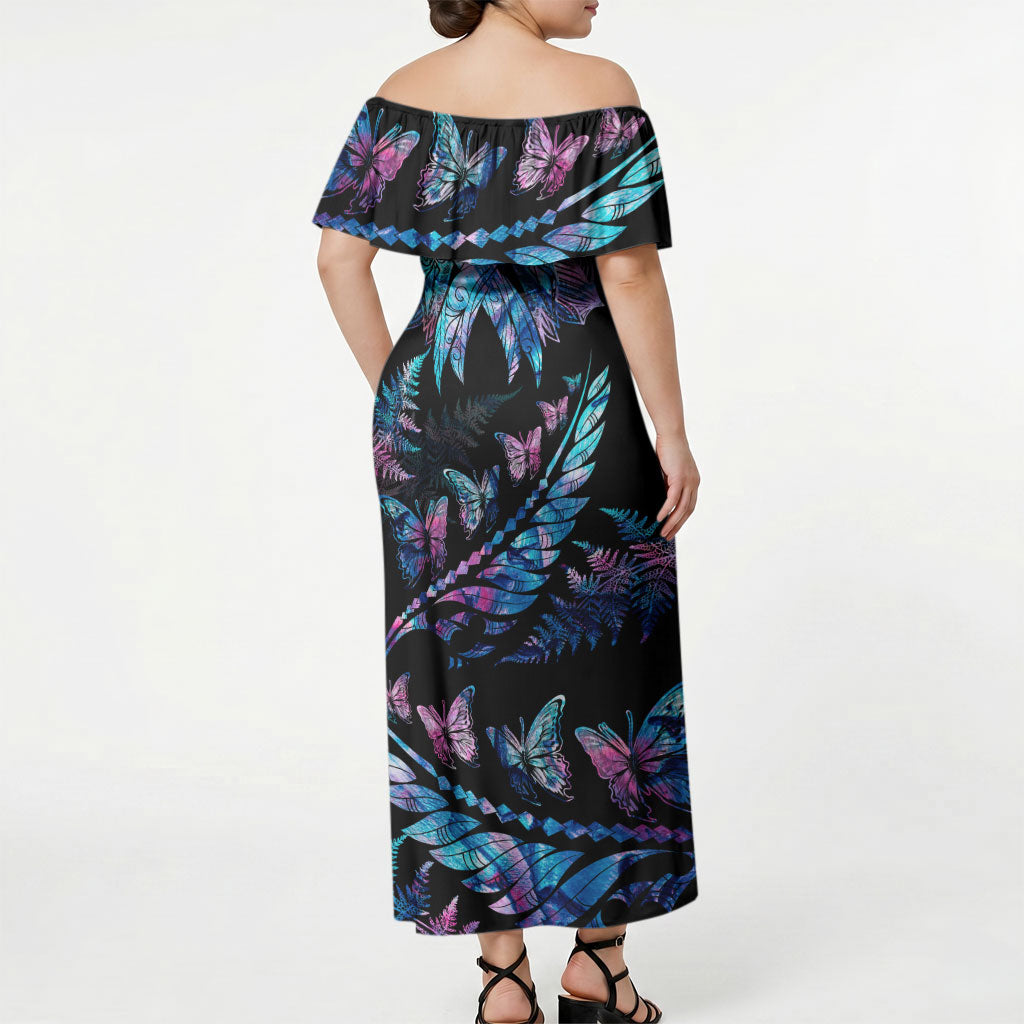 Personalised Polynesia Ribbon Butterflies Off Shoulder Maxi Dress Silver Fern Breast Cancer Support With Papua Shell Pattern