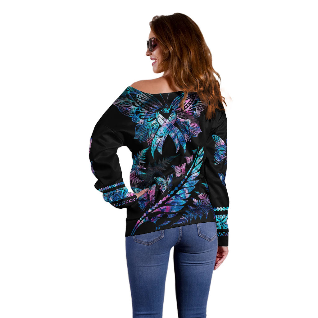 Personalised Polynesia Ribbon Butterflies Off Shoulder Sweater Silver Fern Breast Cancer Support With Papua Shell Pattern