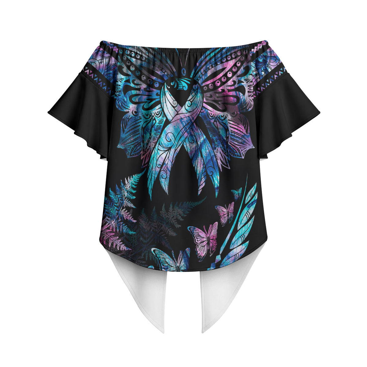 Personalised Polynesia Ribbon Butterflies Off Shoulder Wrap Waist Top Silver Fern Breast Cancer Support With Papua Shell Pattern