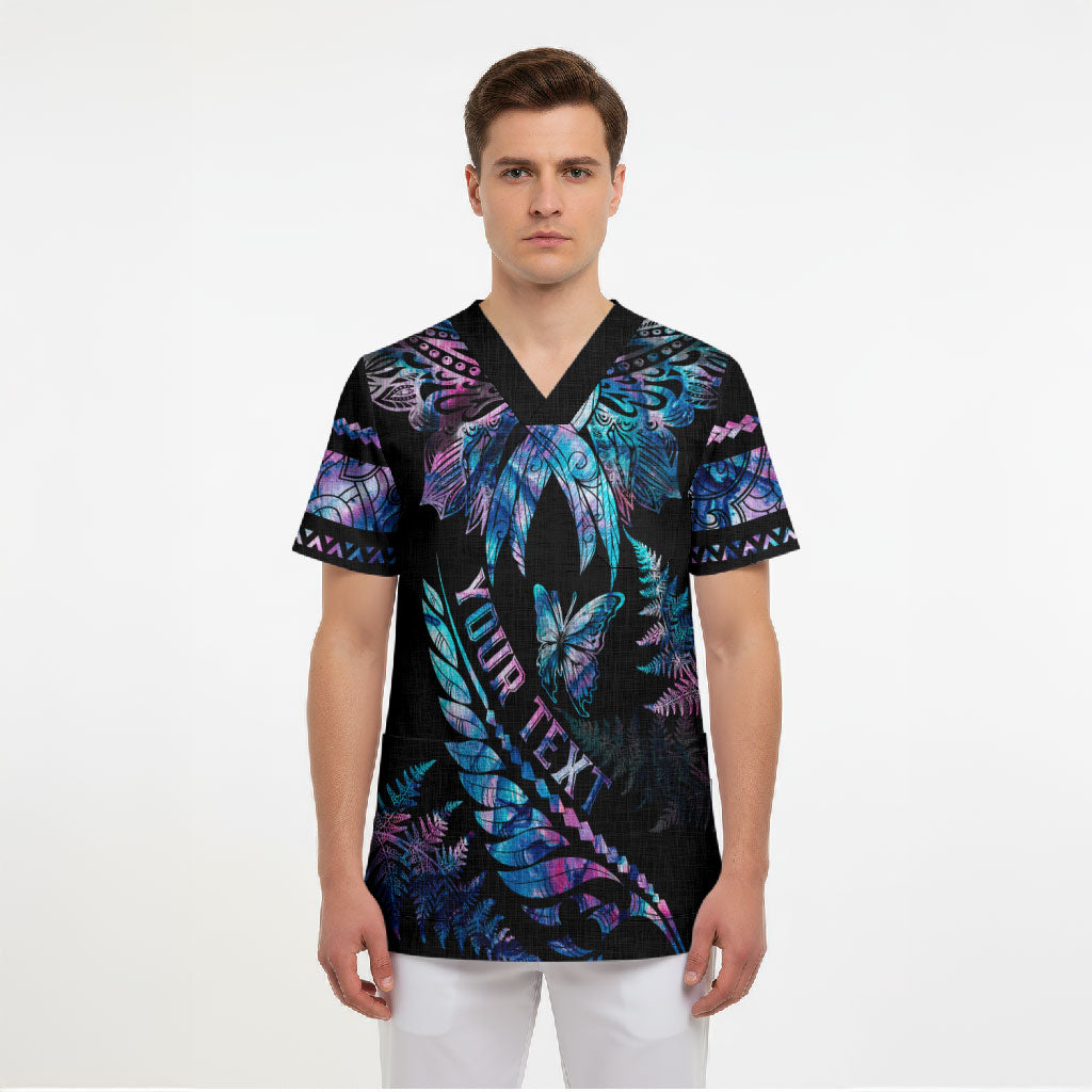 Personalised Polynesia Ribbon Butterflies Scrub Top Silver Fern Breast Cancer Support With Papua Shell Pattern