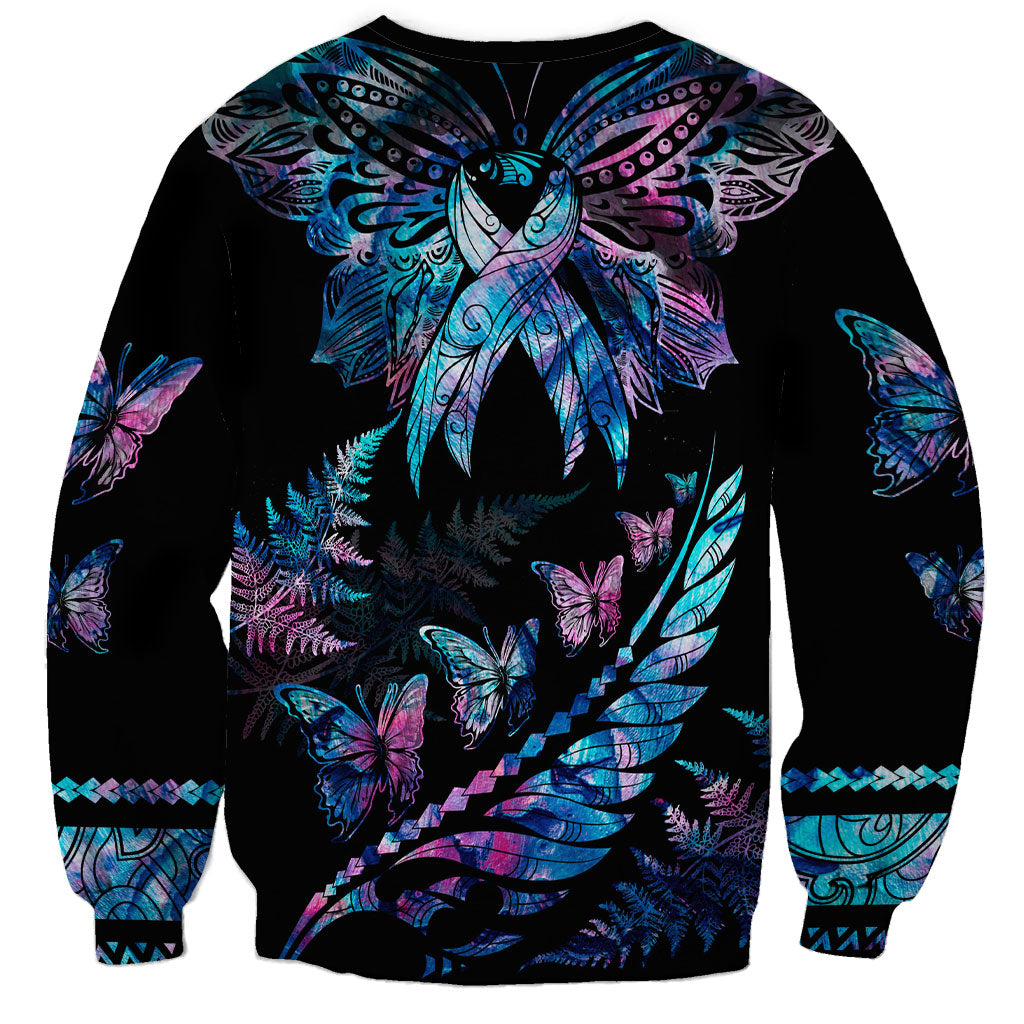 Personalised Polynesia Ribbon Butterflies Sweatshirt Silver Fern Breast Cancer Support With Papua Shell Pattern