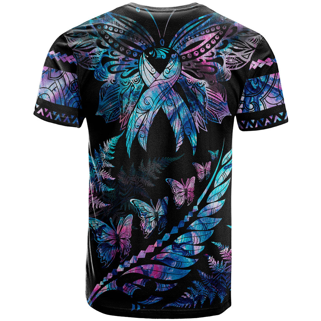 Personalised Polynesia Ribbon Butterflies T Shirt Silver Fern Breast Cancer Support With Papua Shell Pattern