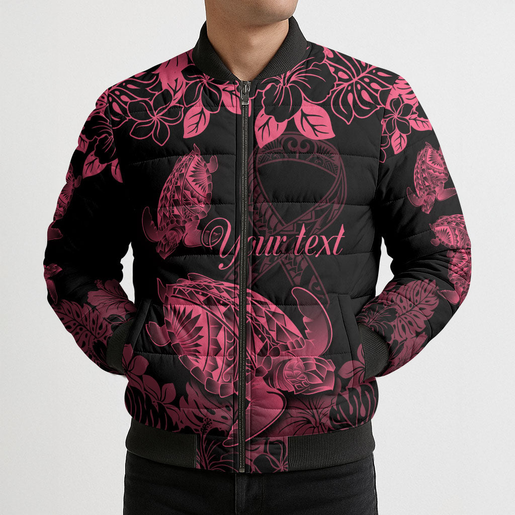 Personalised Polynesian Turtle Ribbon Bomber Puffer Jacket Think Pink Breast Cancer Support With Pacific Hibiscus