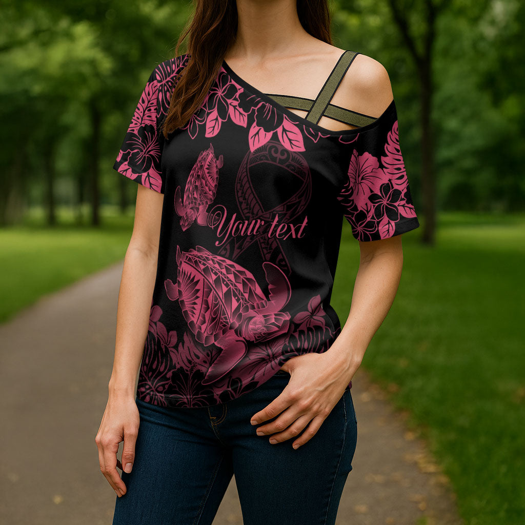 Personalised Polynesian Turtle Ribbon Cross Shoulder Shirt Think Pink Breast Cancer Support With Pacific Hibiscus