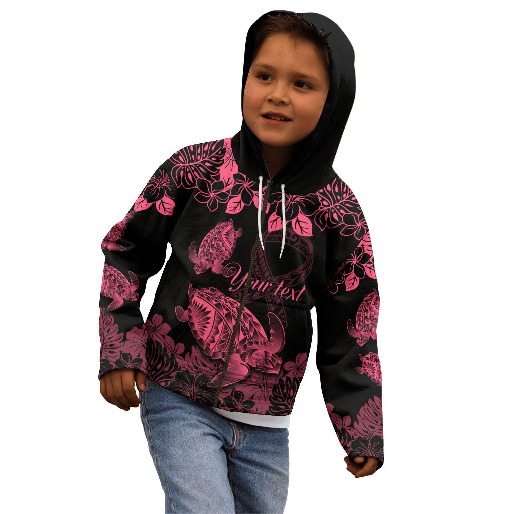 Personalised Polynesian Turtle Ribbon Kid Hoodie Think Pink Breast Cancer Support With Pacific Hibiscus