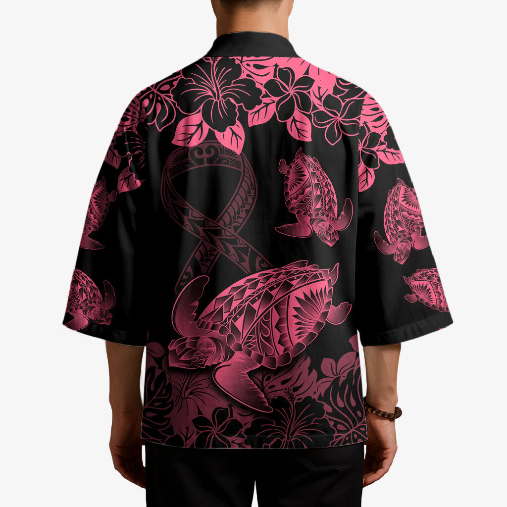 Personalised Polynesian Turtle Ribbon Kimono Think Pink Breast Cancer Support With Pacific Hibiscus