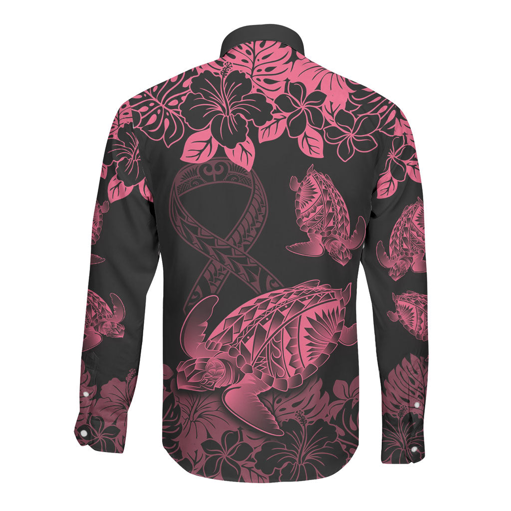Personalised Polynesian Turtle Ribbon Long Sleeve Button Shirt Think Pink Breast Cancer Support With Pacific Hibiscus