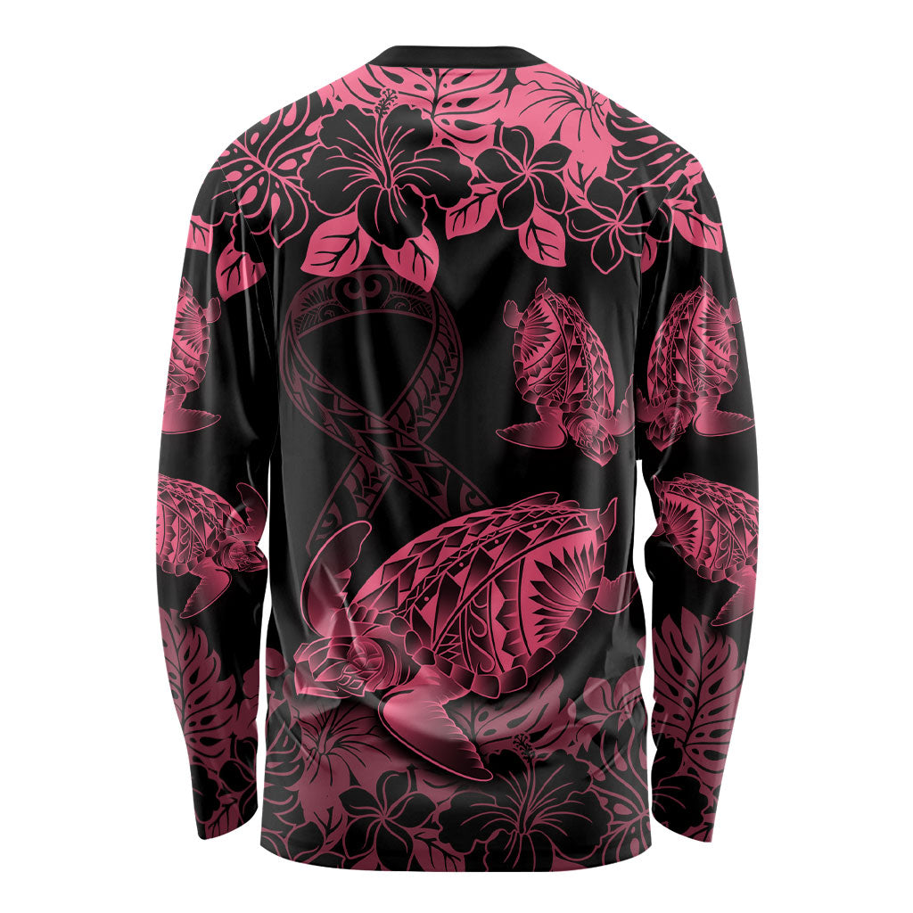 Personalised Polynesian Turtle Ribbon Long Sleeve Shirt Think Pink Breast Cancer Support With Pacific Hibiscus