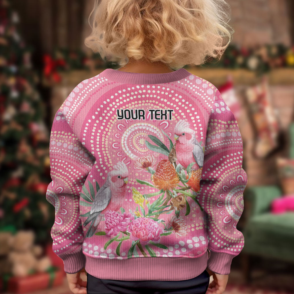 Personalized Pink Galah Aboriginal Dot Art Kid Ugly Christmas Sweater Australia’s Breast Cancer Support