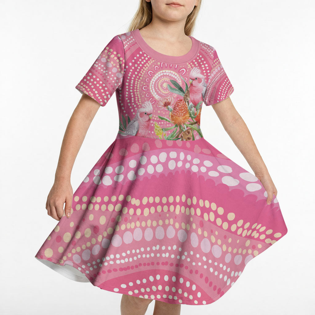 Personalized Pink Galah Aboriginal Dot Art Kid Short Sleeve Dress Australia’s Breast Cancer Support