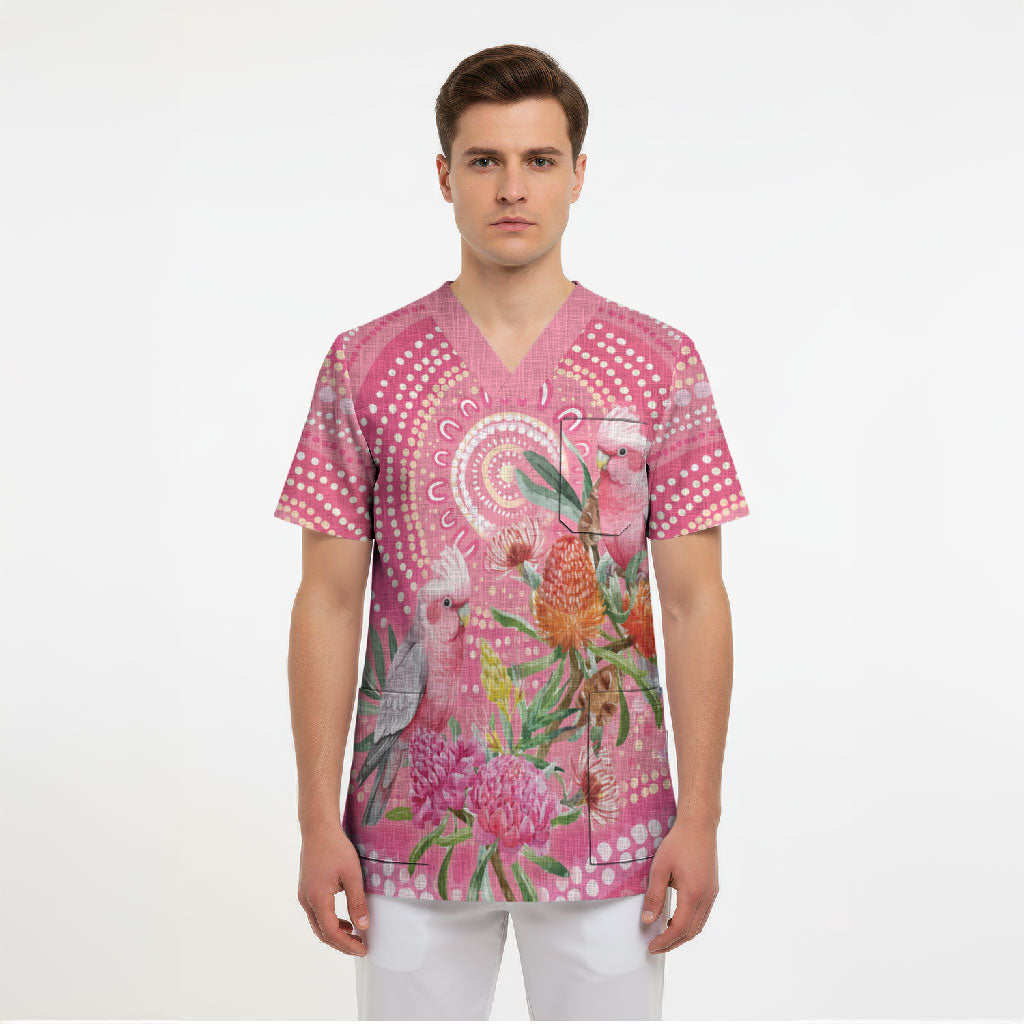 Personalized Pink Galah Aboriginal Dot Art Scrub Top Australia’s Breast Cancer Support