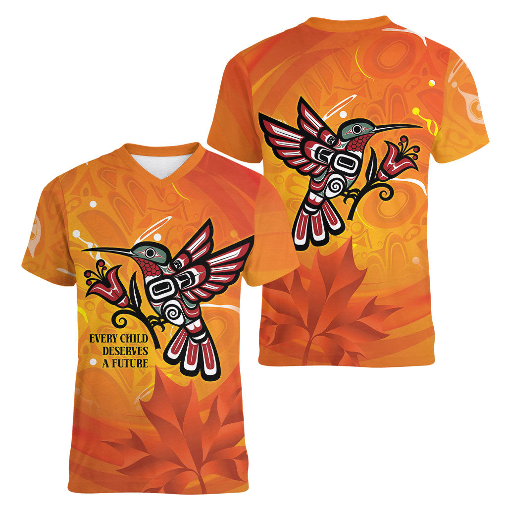 Indigenous Orange Day All Children Matters Support Women V-Neck T-Shirt Canadian Haida Hummingbird