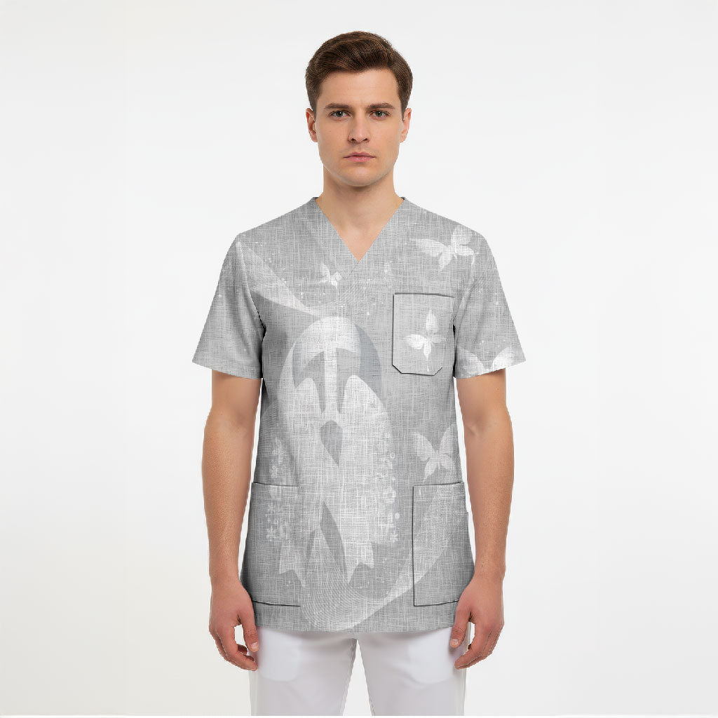 Australia Lung Cancer Support Personalised Scrub Top Butterfly White Ribbon Art