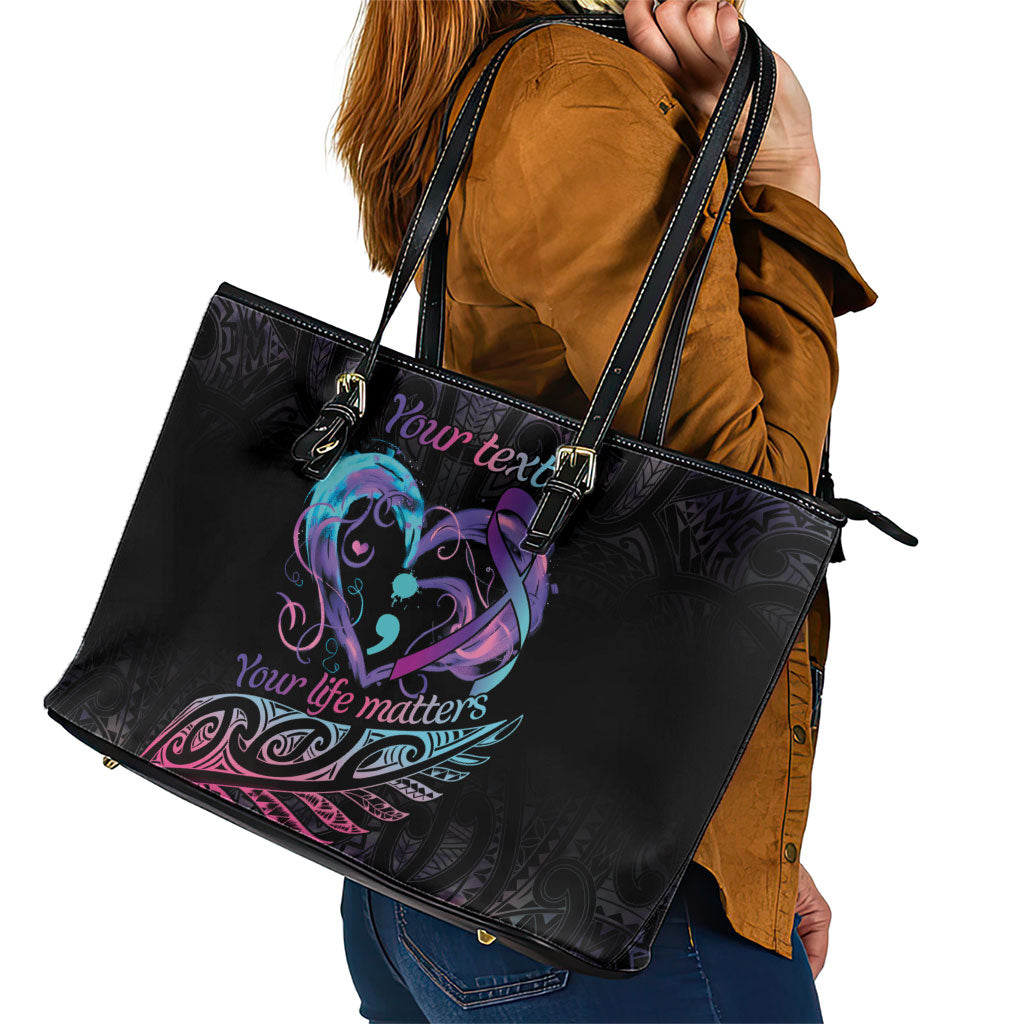 Personalised Your Life Matters Leather Tote Bag Suicide Prevention Support Semicolon Maori Heart