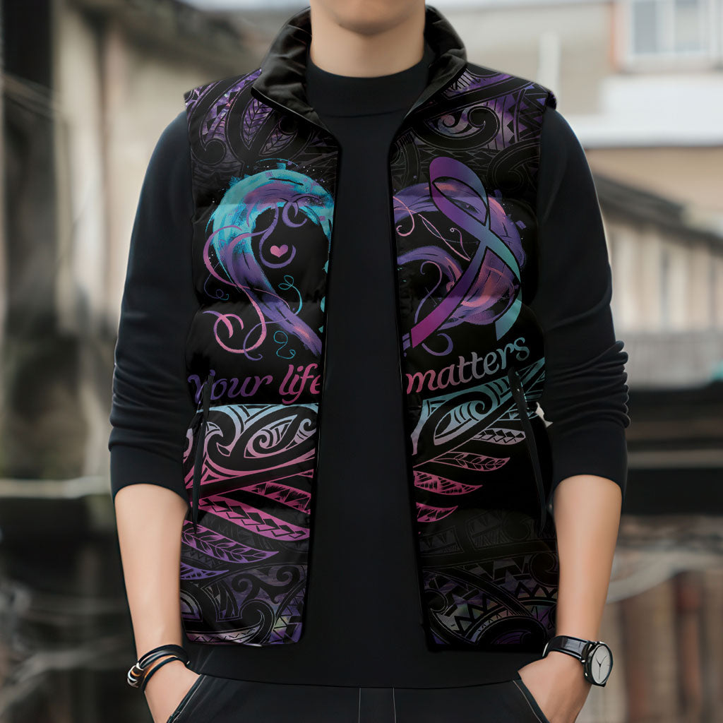 Personalised Your Life Matters Sleeveless Puffer Jacket Suicide Prevention Support Semicolon Maori Heart