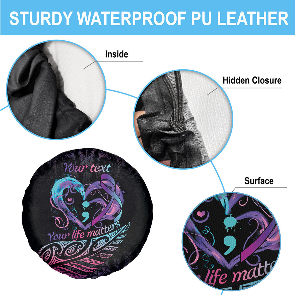 Personalised Your Life Matters Spare Tire Cover Suicide Prevention Support Semicolon Maori Heart