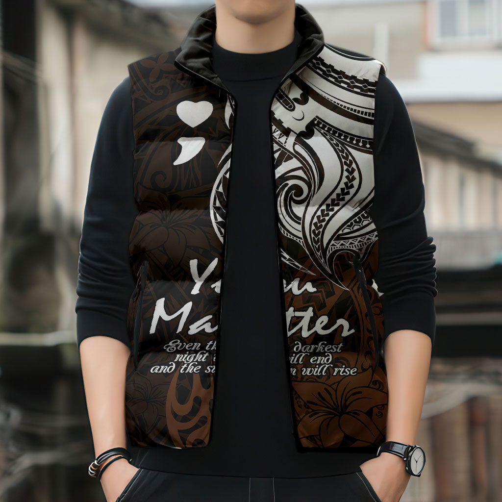 You Matter Suicide Prevention Support Sleeveless Puffer Jacket Gold Polynesian Tribal