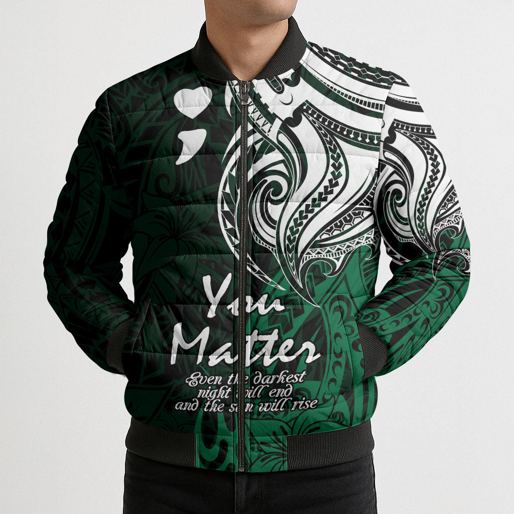 You Matter Suicide Prevention Support Bomber Puffer Jacket Green Polynesian Tribal