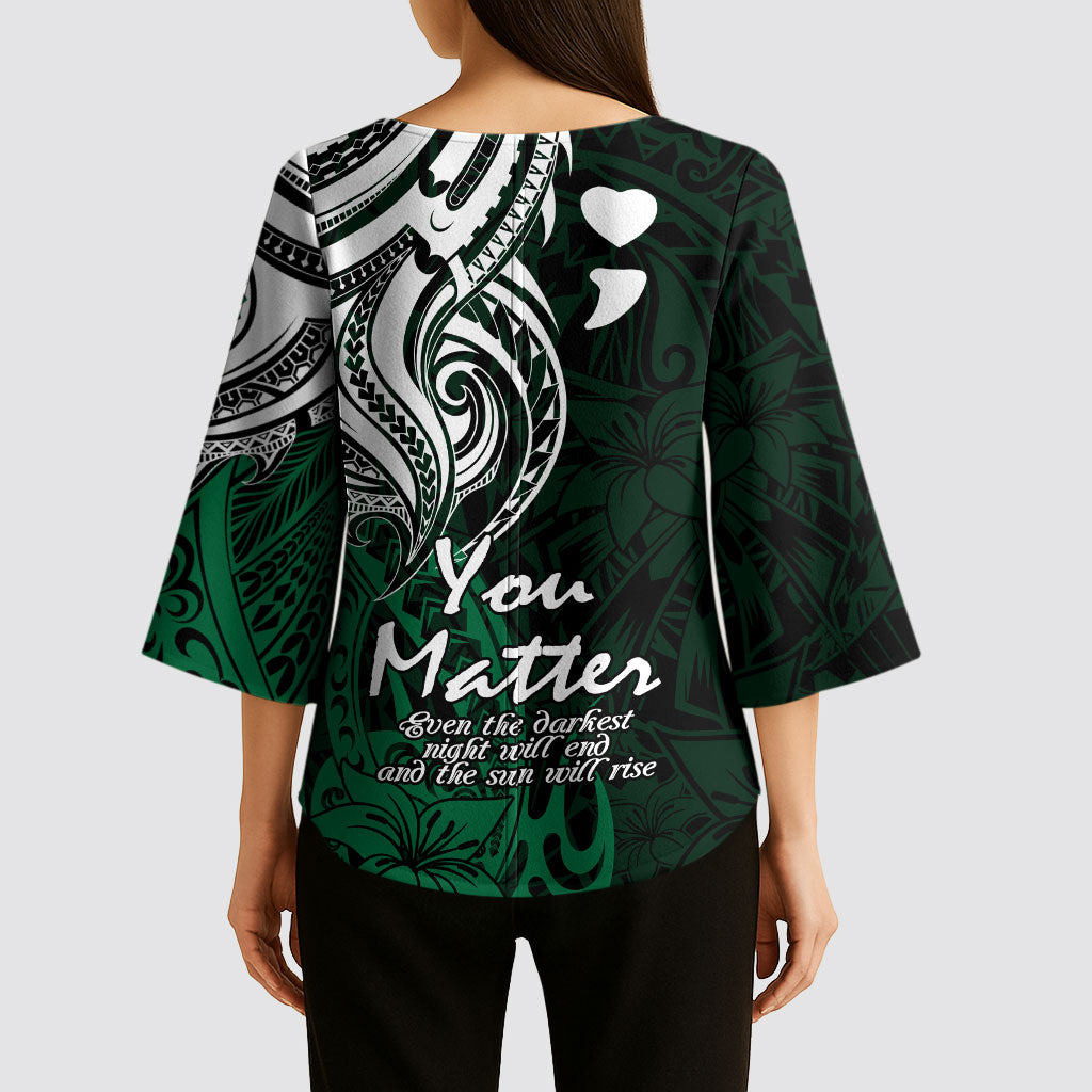You Matter Suicide Prevention Support Kimono Sleeve Blouse Green Polynesian Tribal