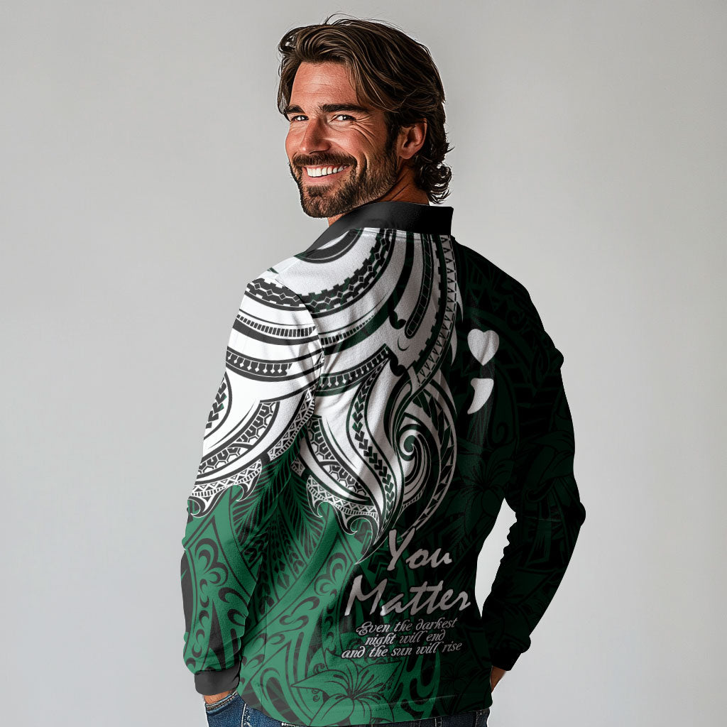 You Matter Suicide Prevention Support Long Sleeve Polo Shirt Green Polynesian Tribal