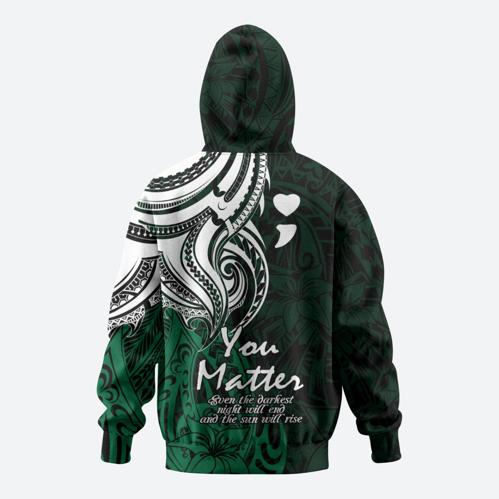 You Matter Suicide Prevention Support Zip Hoodie Green Polynesian Tribal