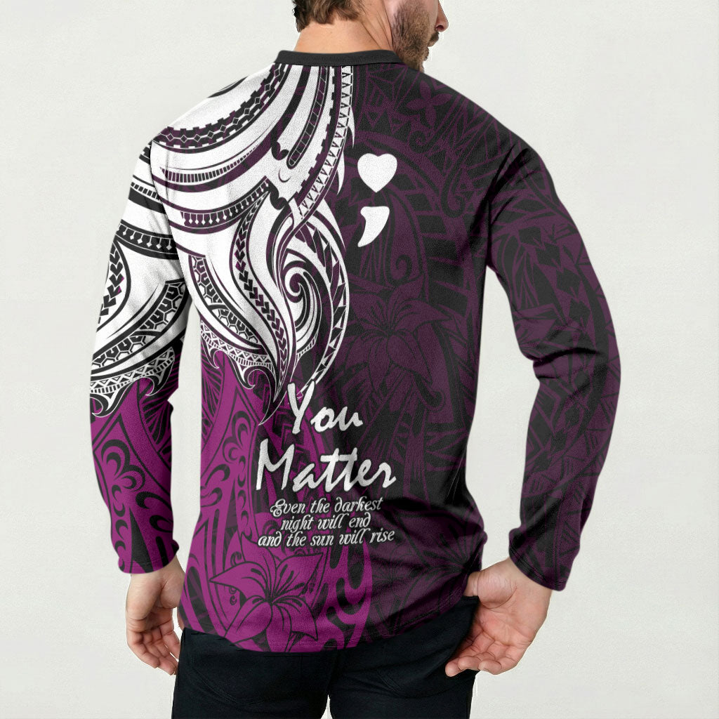 You Matter Suicide Prevention Support Button Sweatshirt Pink Polynesian Tribal