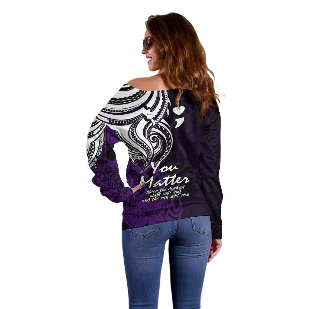 You Matter Suicide Prevention Support Off Shoulder Sweater Purple Polynesian Tribal